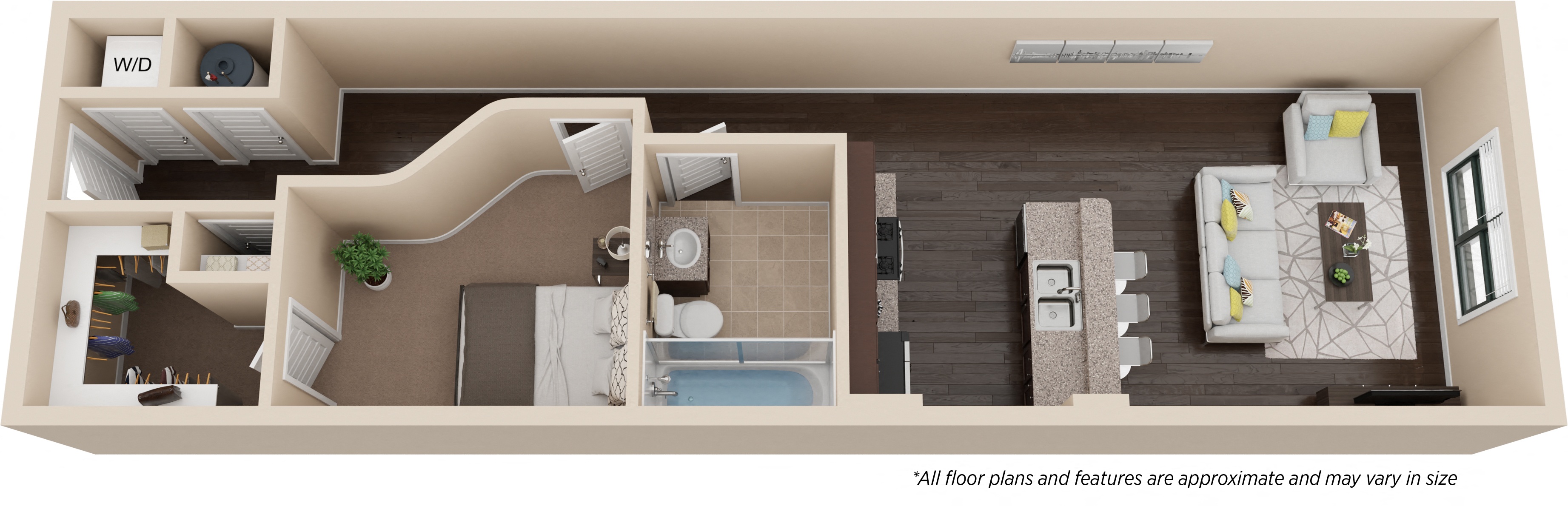 Floor plan for 1 bed, 1 bath, 1000 sqft